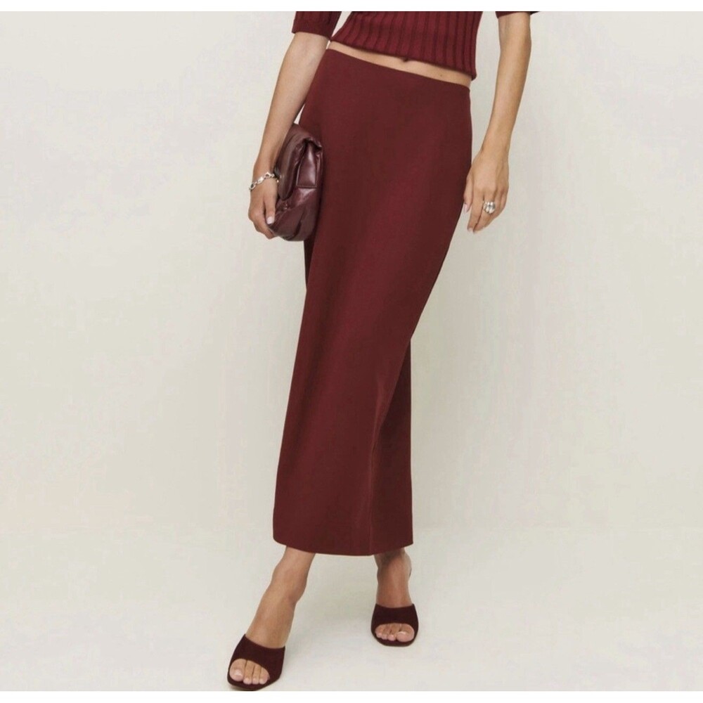 Reformation Jordan Low Waist Crepe Midi Skirt - Bordeaux Red - Size 8